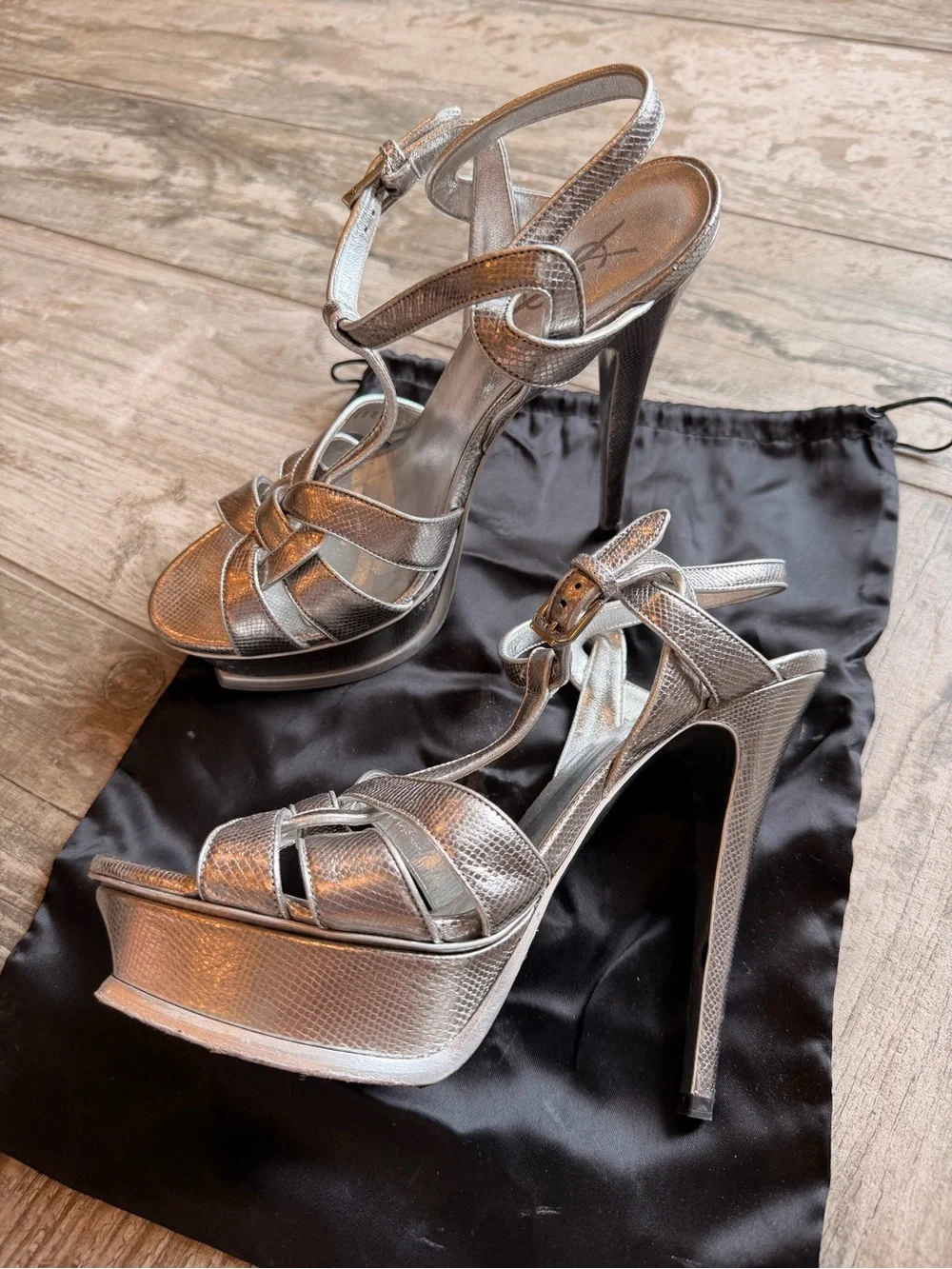 Saint Laurent Metallic Silver T-Strap Woven Heels - Picture 2 of 9